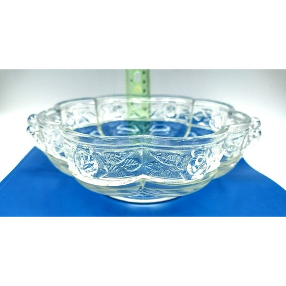 Pressed Glass Dish Bowl Embossed Roses Ornate Handles Vintage Pedestal Bottom - Picture 3 of 15